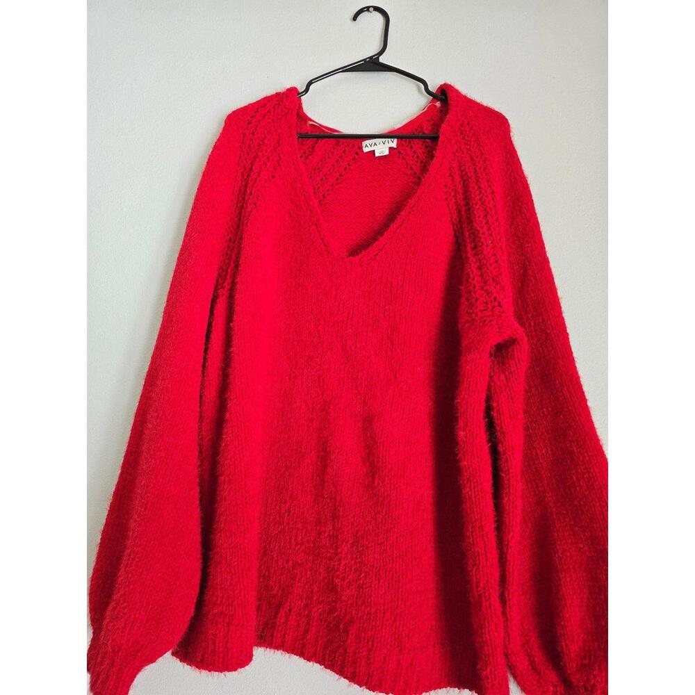 Ava & Viv Red Knitted V-Neck Long Bell Sleeve Sweater (2X)